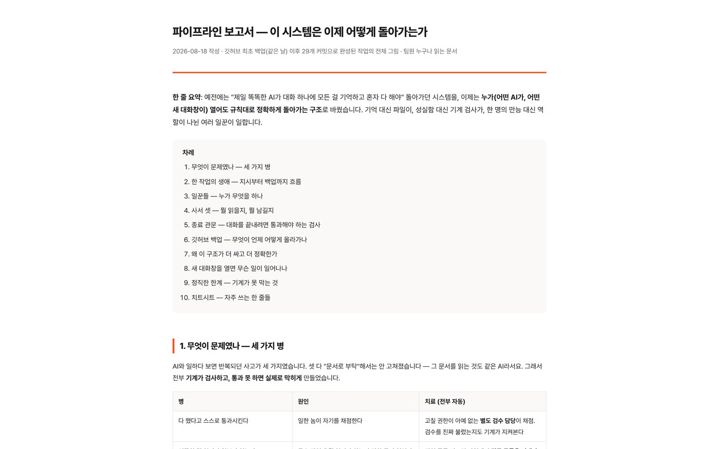 「이 시스템은 이제 어떻게 돌아가는가」 보고서 첫 화면과 차례